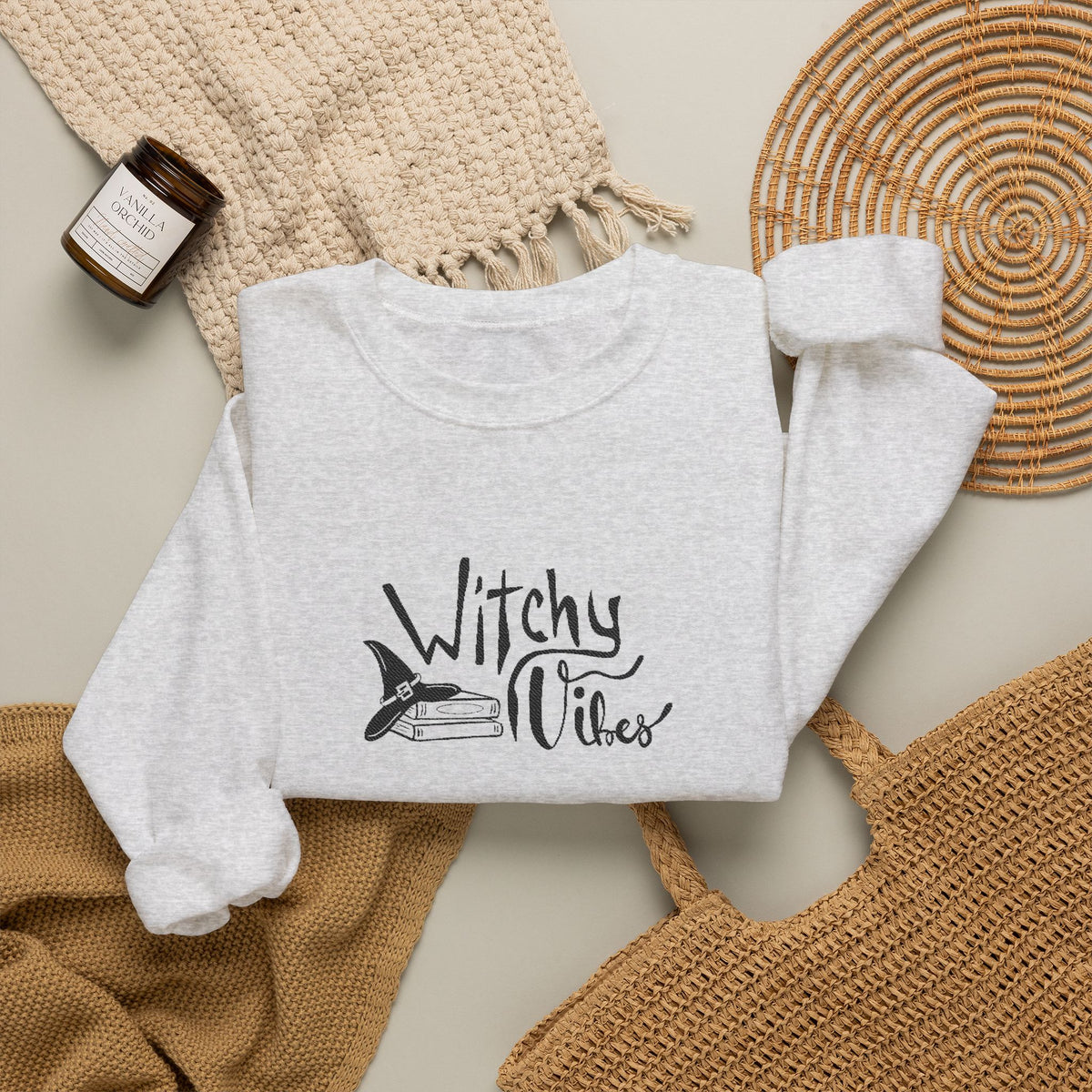 Witchy Vibes Embroidered Crewneck Sweatshirt (Black Thread)